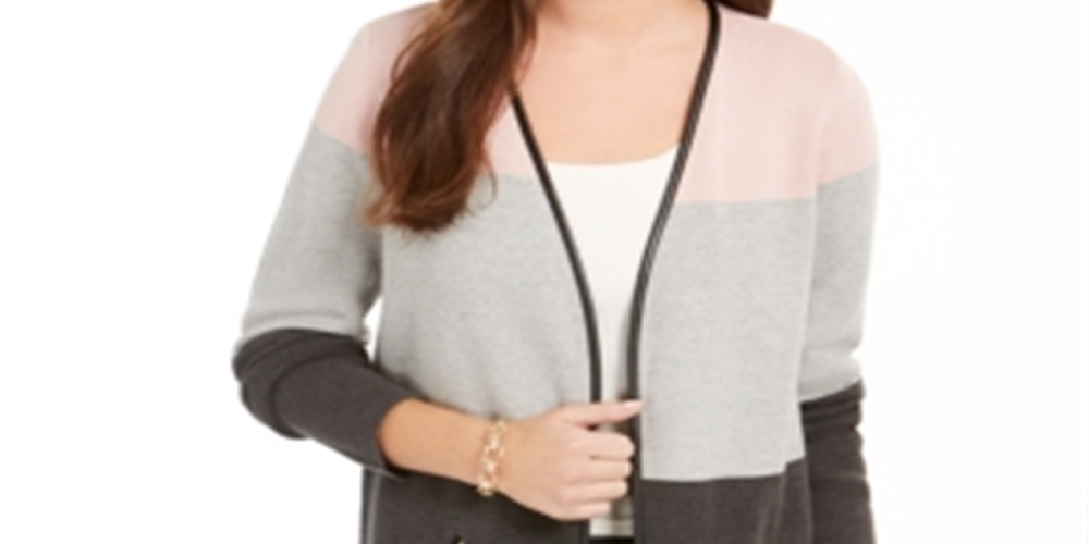 Charter Club Women's Milano Colorblocked Cotton Completer Sweater Gray Size Petite Medium