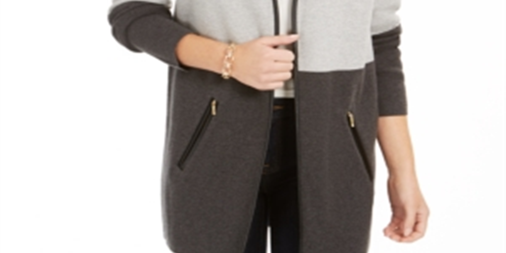 Charter Club Women's Milano Colorblocked Cotton Completer Sweater Gray Size Petite Medium