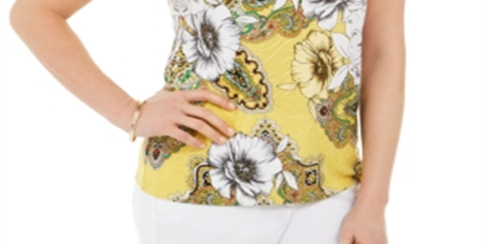 JM Collection Women's Printed Cold Shoulder Top Yellow Size Small