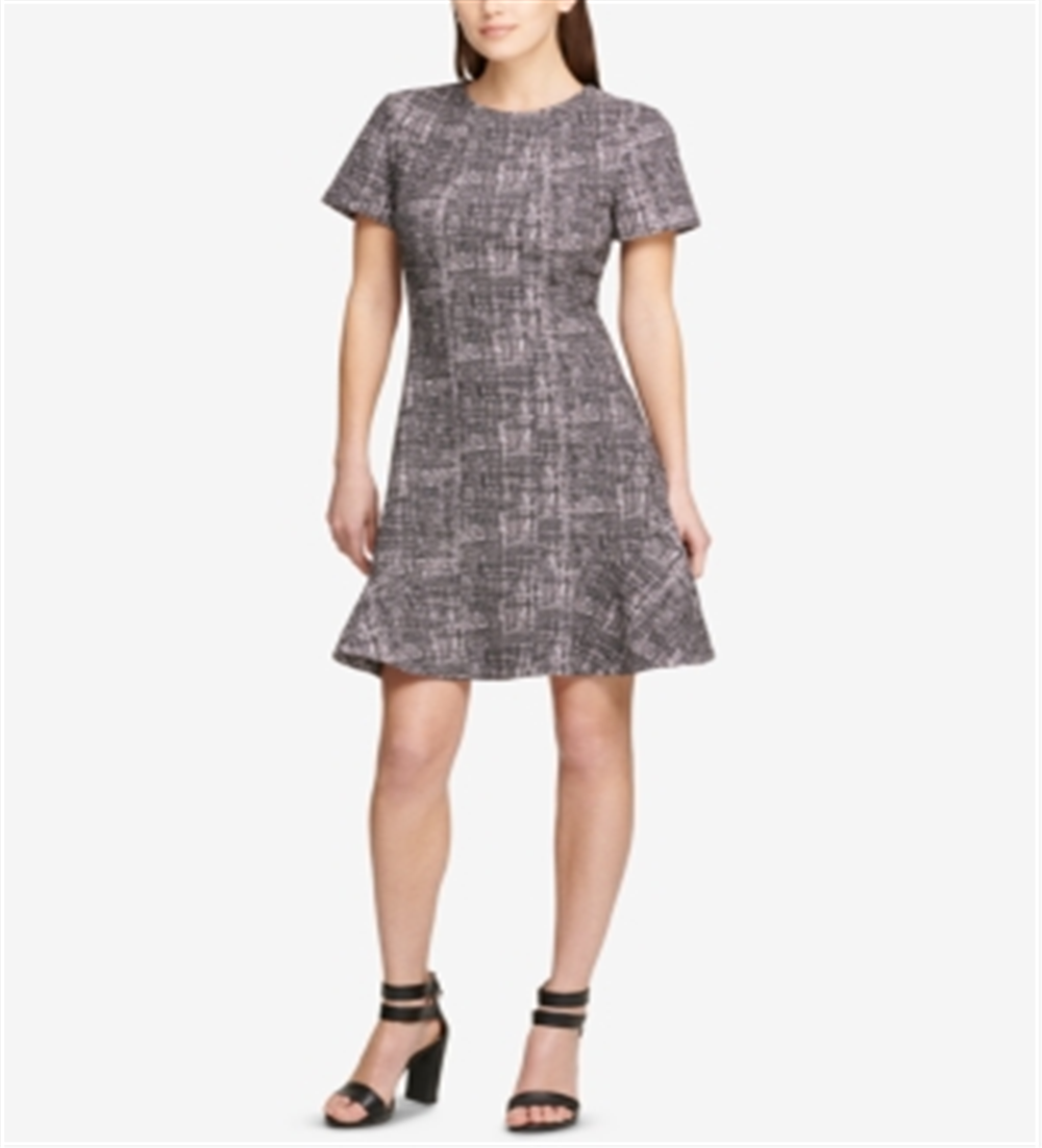 DKNY Women's Printed Short Sleeve Jewel Neck Above the Knee Fit Flare Dress Gray Size 16