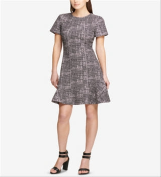 DKNY Women's Printed Short Sleeve Jewel Neck Above the Knee Fit Flare Dress Gray Size 16