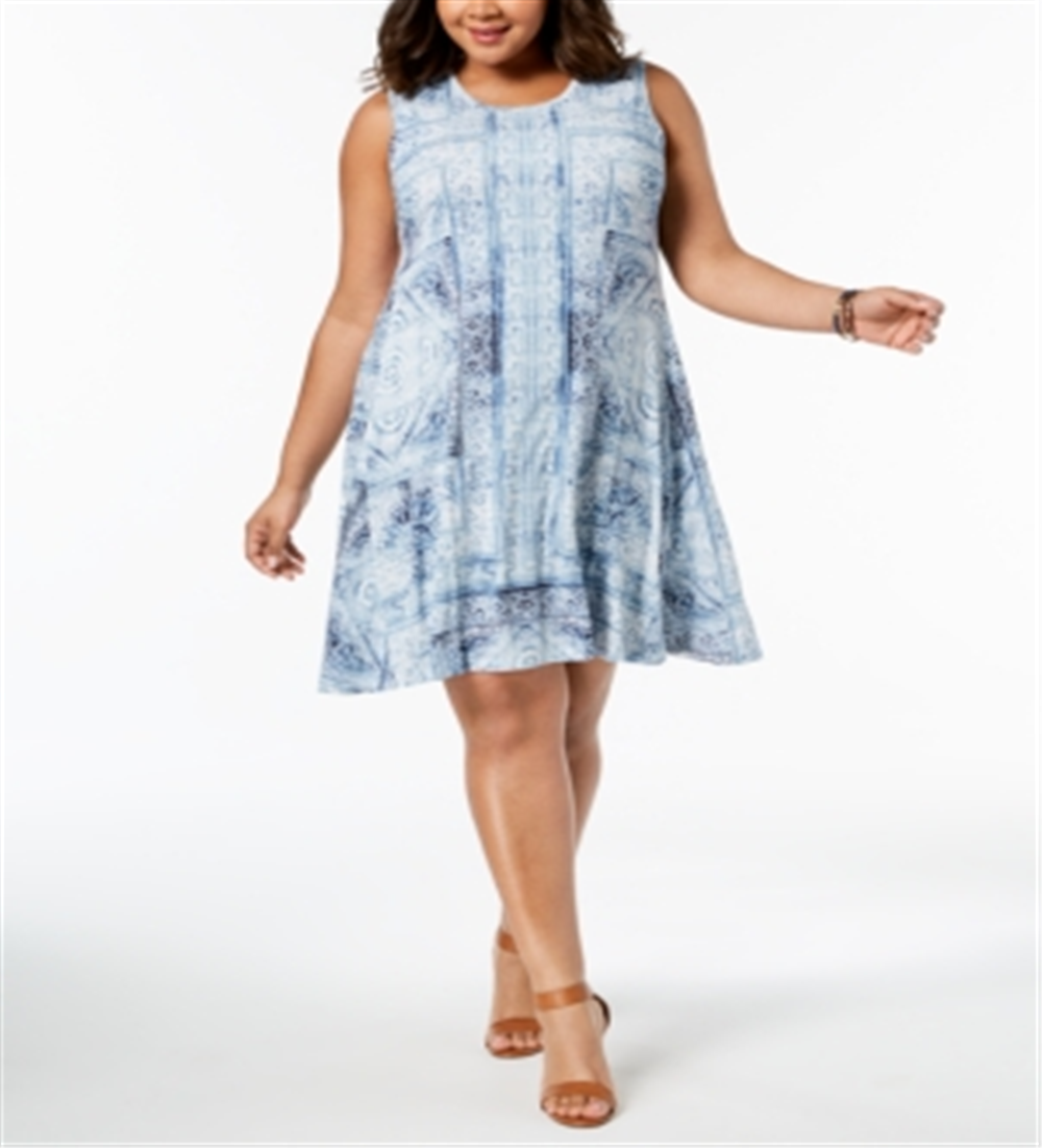 Style & Co Women's Plus Printed Swing a Line Dress Blue Size 0X