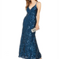 Nightway Women's Sequined Solid Spaghetti Strap V Neck Full Length Sheath Evening Dress Blue Size 8