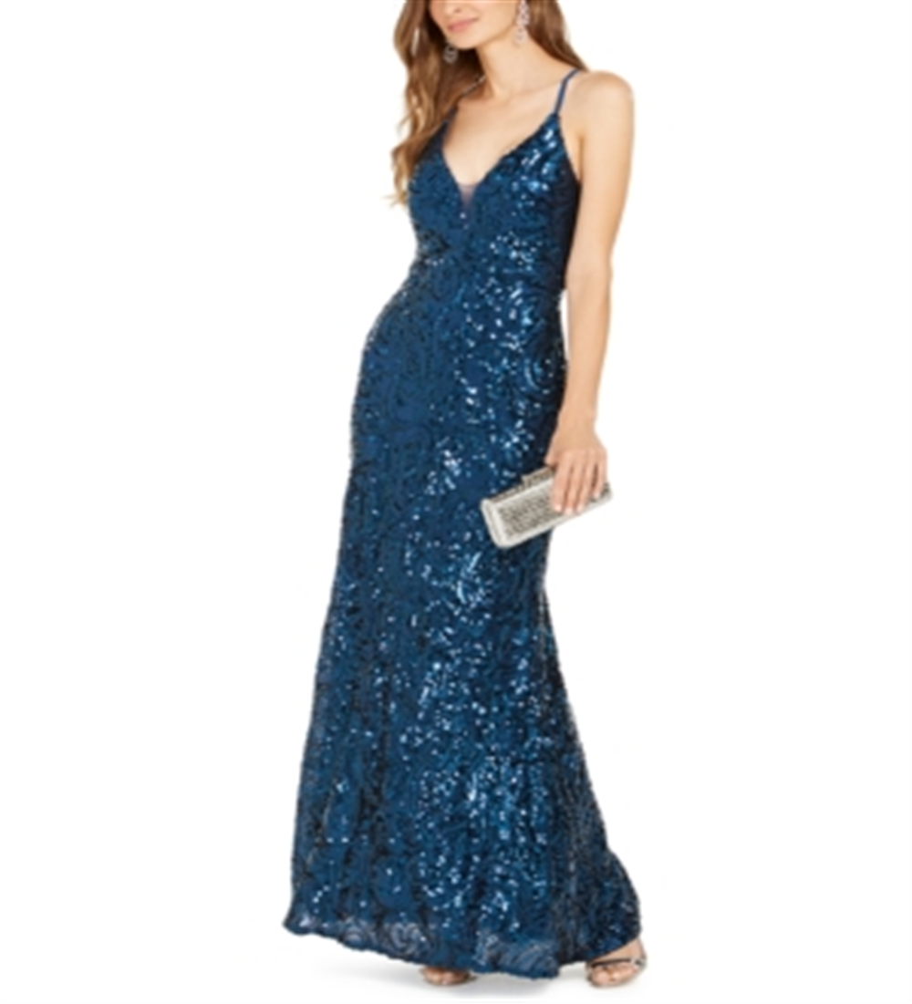 Nightway Women's Sequined Solid Spaghetti Strap V Neck Full Length Sheath Evening Dress Blue Size 8