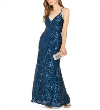 Nightway Women's Sequined Solid Spaghetti Strap V Neck Full Length Sheath Evening Dress Blue Size 8