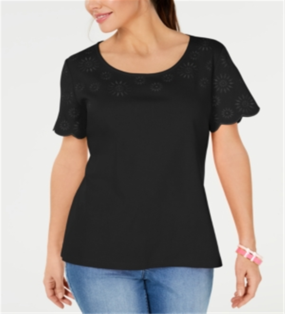 Karen Scott Women's Embroidered Cotton T-Shirt Black Size M