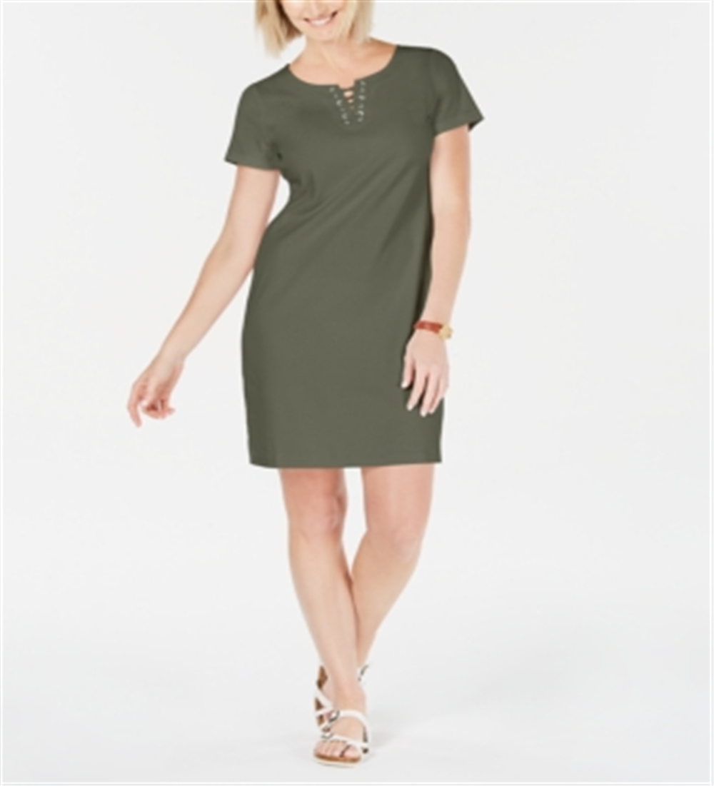 Karen Scott Women's Cotton Lace up Split Neck Dress Green Size Small