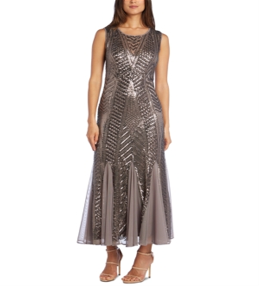 R & M Richards Women's Sequined Sleeveless Jewel Neck Maxi Knife Pleated Evening Dress Brown Size 16