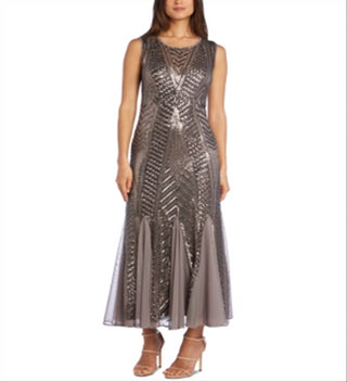 R & M Richards Women's Sequined Sleeveless Jewel Neck Maxi Knife Pleated Evening Dress Brown Size 16