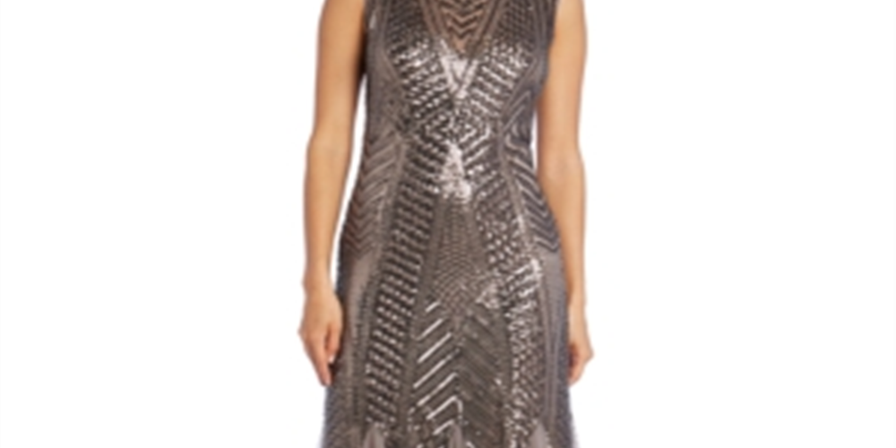 R & M Richards Women's Sequined Sleeveless Jewel Neck Maxi Knife Pleated Evening Dress Brown Size 16