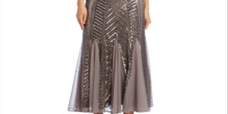 R & M Richards Women's Sequined Sleeveless Jewel Neck Maxi Knife Pleated Evening Dress Brown Size 16