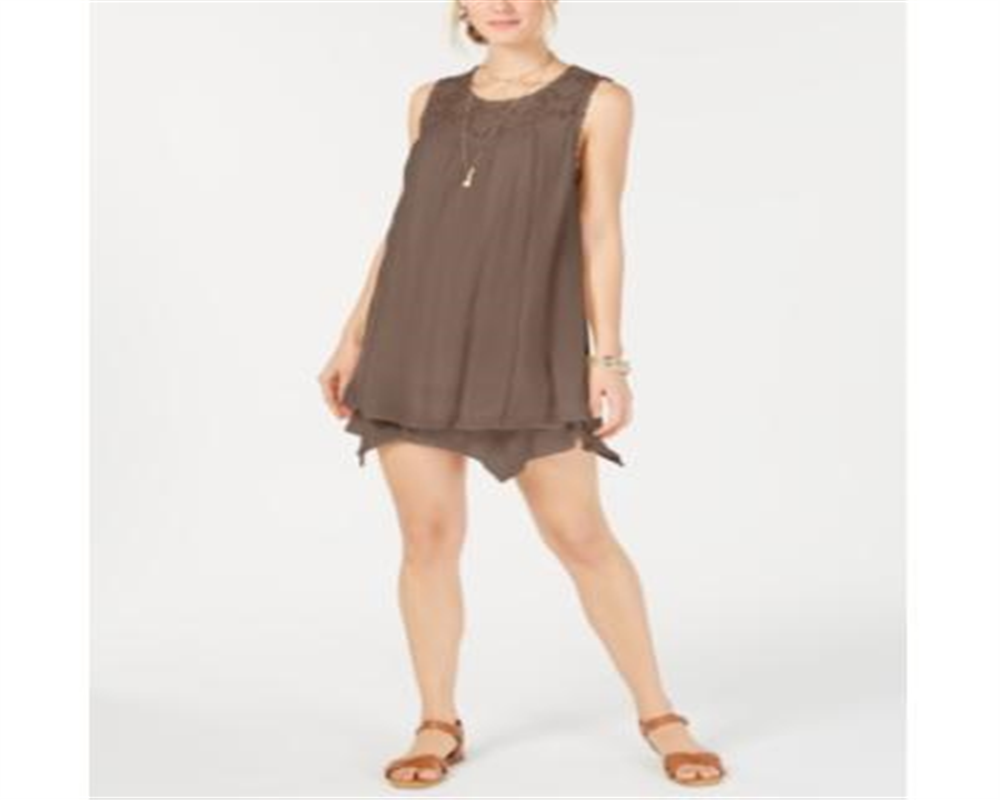 Style & Co Women's Lace Yoke Handkerchief Hem a Line Dress Brown Size Large