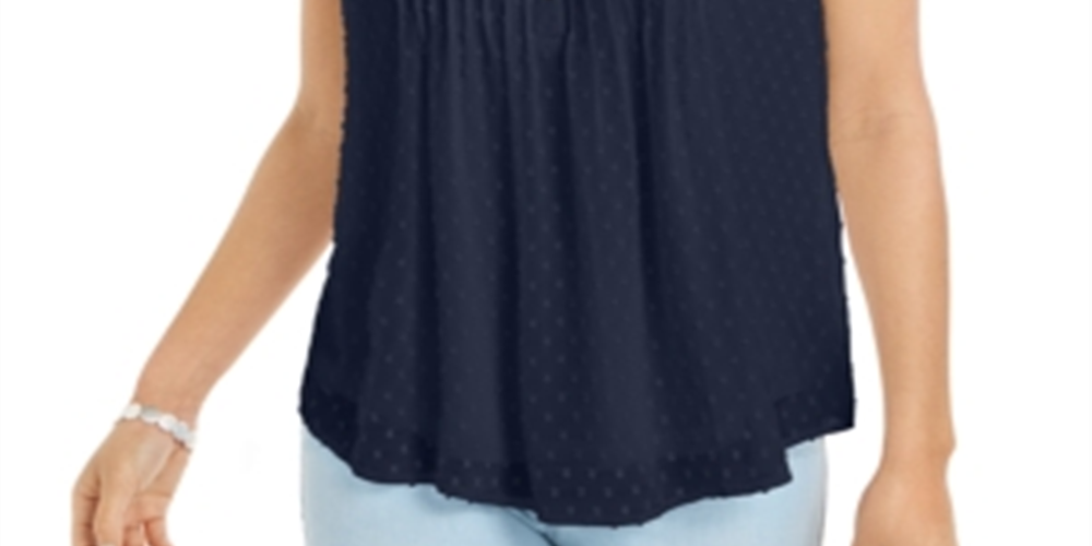 Charter Club Women's Pleated Clip Dot Top Blue Size Small