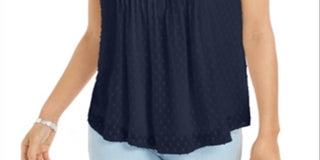 Charter Club Women's Pleated Clip Dot Top Blue Size Small