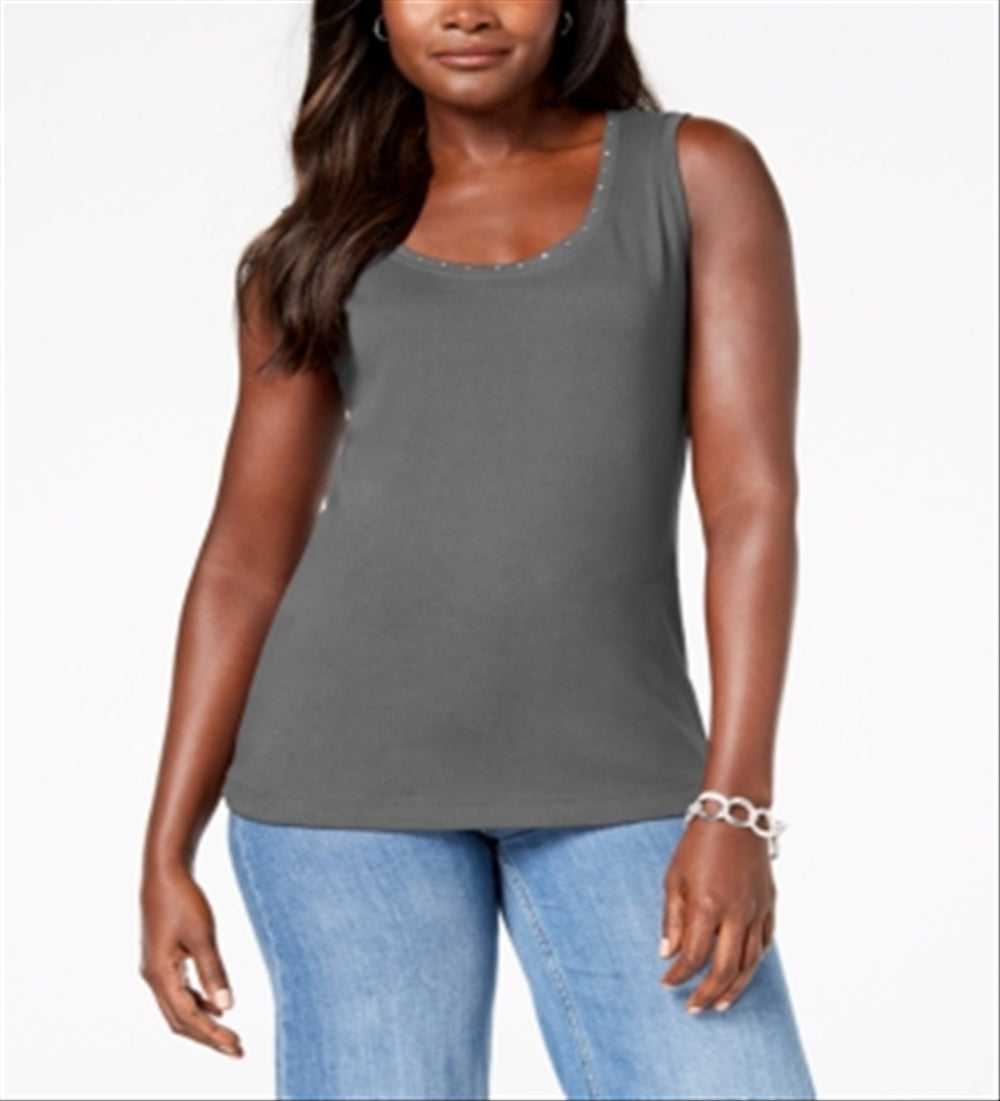 Karen Scott Women's Embellished Scoop Neck Tank Top Gray Size Medium
