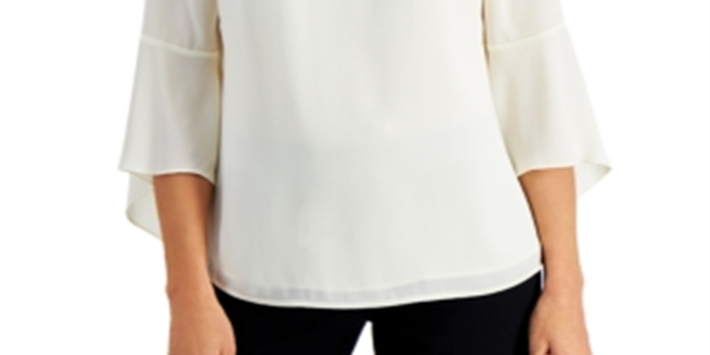 JM Collection Women's Bell Sleeve Rhinestone Neck Top White Size X-Small