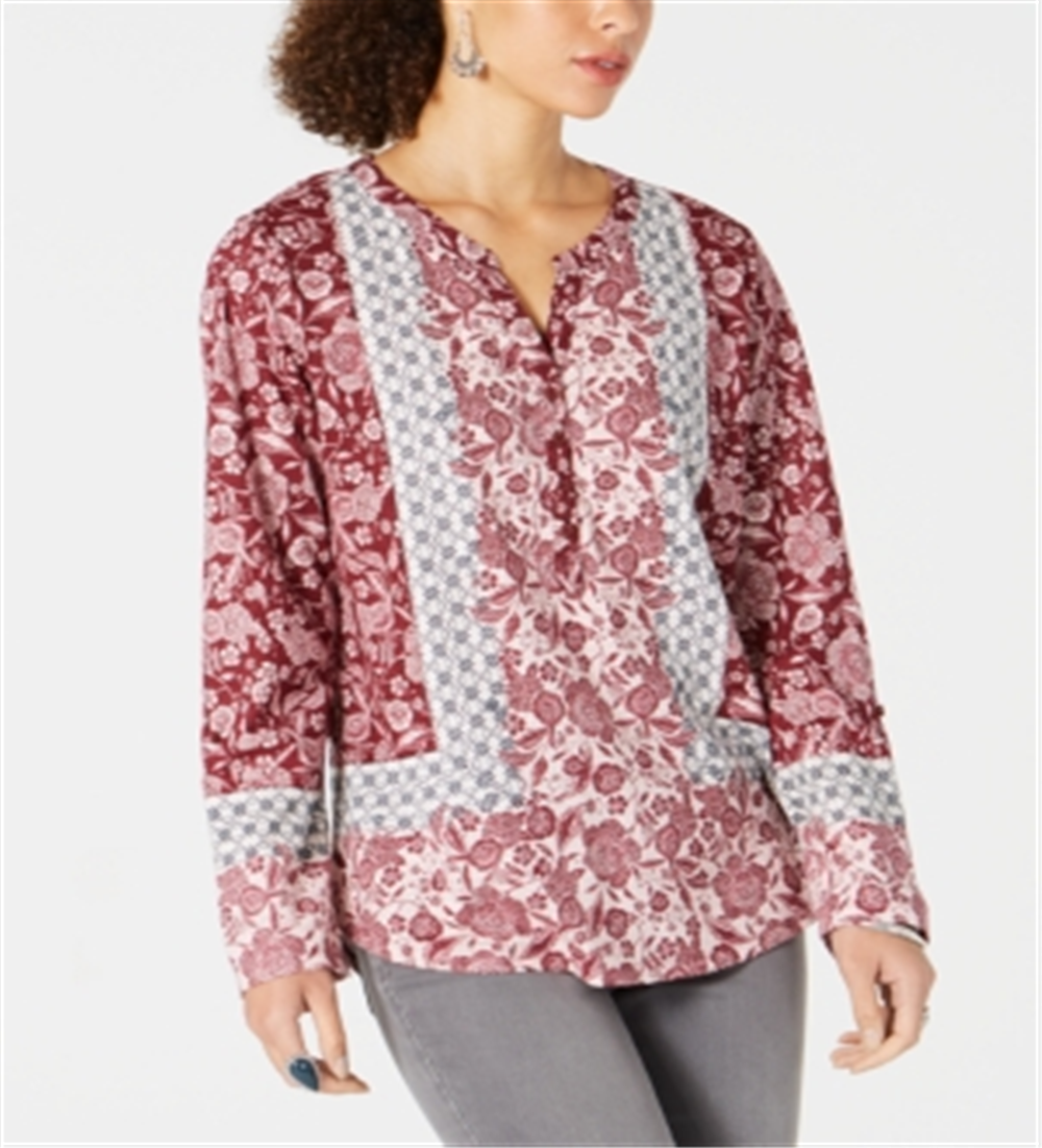 Style & Co Women's Floral Long Sleeve V Neck Top Red Size Medium