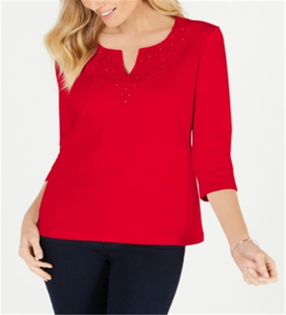 Karen Scott Women's Cotton Crochet Trim T-Shirt Red Size Small