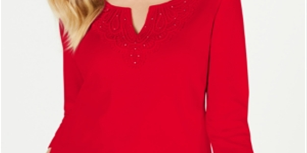 Karen Scott Women's Cotton Crochet Trim T-Shirt Red Size Small