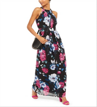 INC International Concepts Women's Maxi Halter Floral Print Chiffon Dress Black Size 6