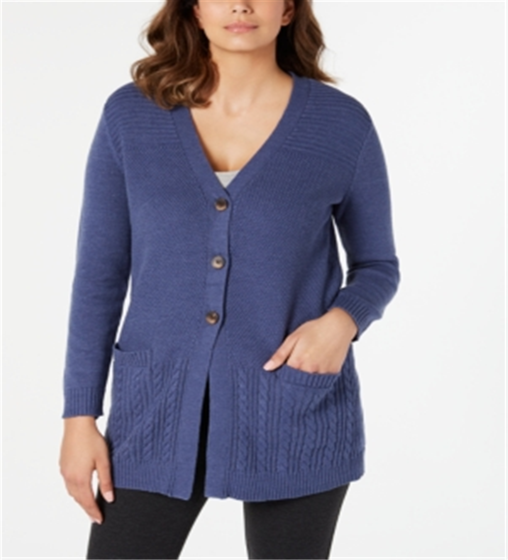Karen Scott Women's Mixed Stitch Button Front Cardigan Blue Size Small
