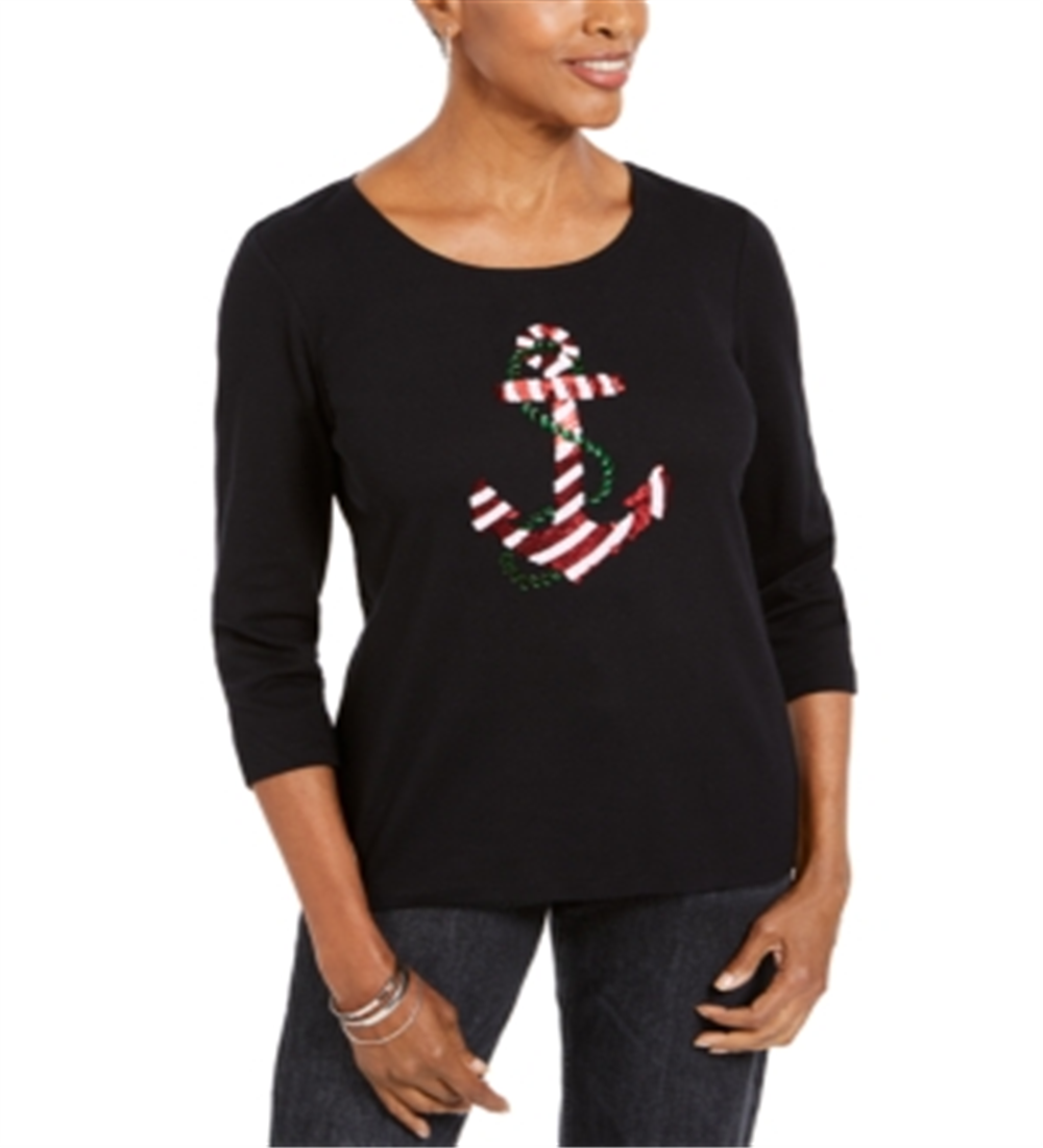 Karen Scott Women's Sequined Anchor Top Black Size L