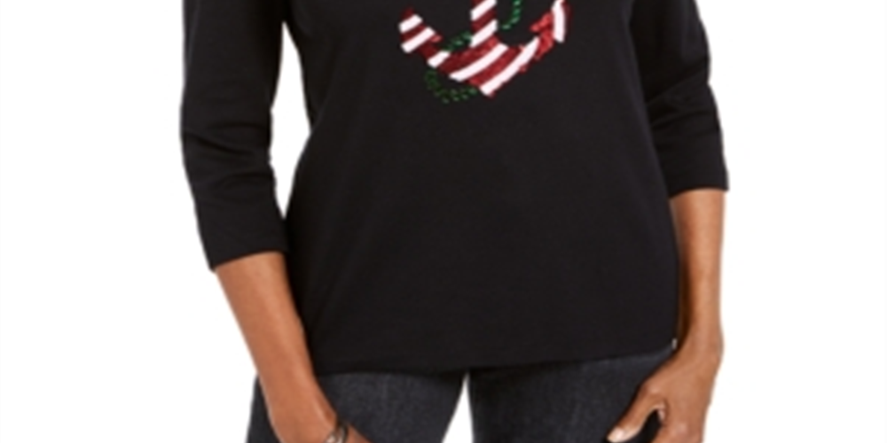 Karen Scott Women's Sequined Anchor Top Black Size L