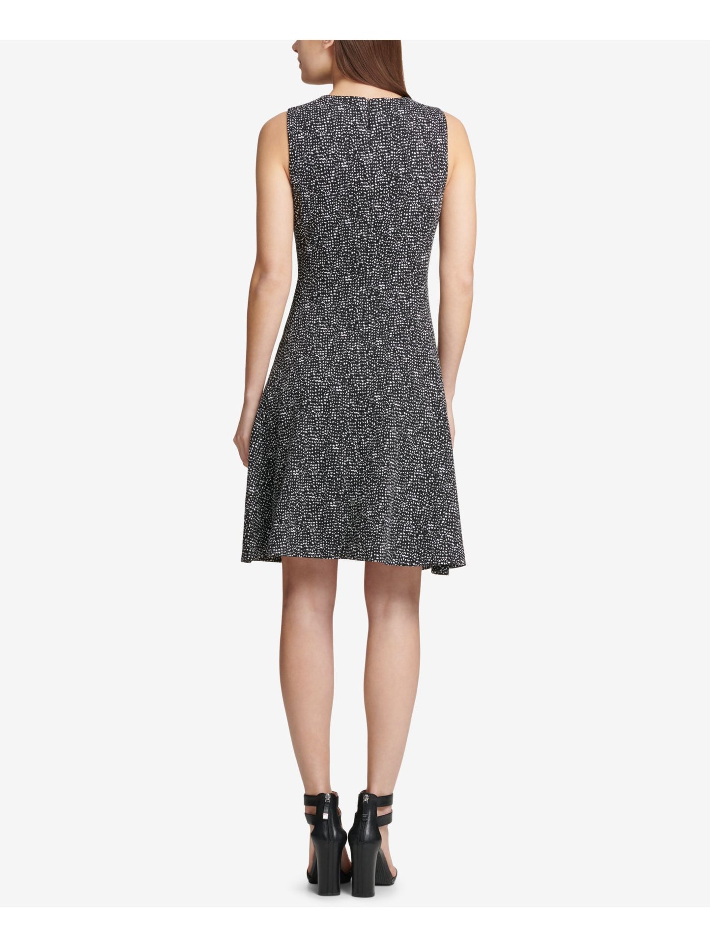 DKNY Women's Speckle Sleeveless Jewel Neck Knee Length Fit Flare Dress Black Size 16