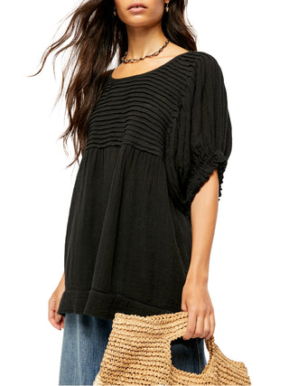 Free People Women's Pleated Pouf Jewel Neck Top Black Size Medium