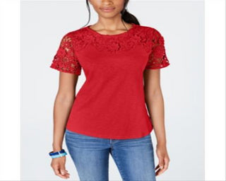 Charter Club Women's Petite Cotton Embroidered T-Shirt  Risky Red  Size Petite S