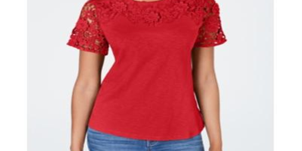 Charter Club Women's Petite Cotton Embroidered T-Shirt  Risky Red  Size Petite S