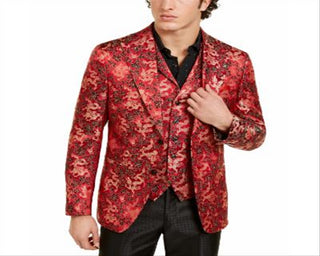Tallia Men's Short Qipao Dragon Jacquard Peak Lapel Blazer Red Size 40