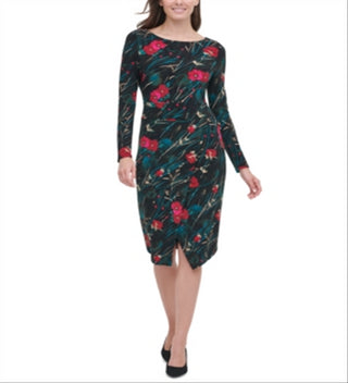Tommy Hilfiger Women's Floral Long Sleeve Boat Neck MIDI Sheath Dress Black Size 12