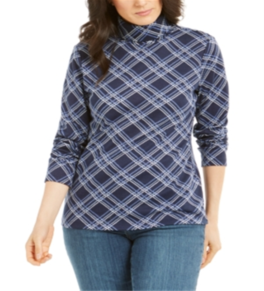 Karen Scott Women's Plaid Turtleneck   Intrepid Blue Size XS