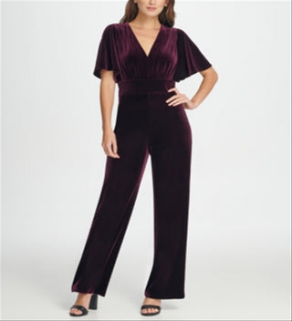DKNY Women's Zippered Bell Sleeve V Neck Wide Leg Party Jumpsuit Purple Size 12