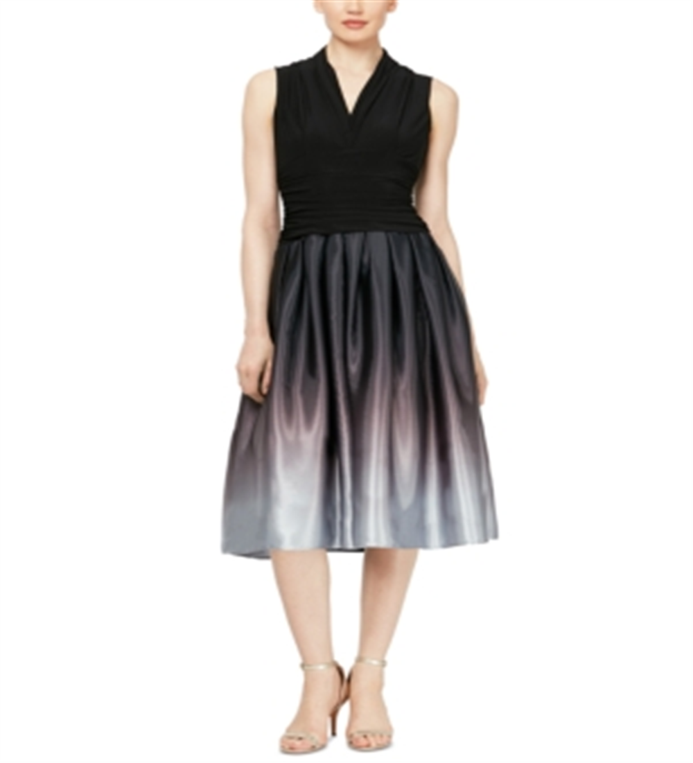 SL Fashions Women's Zippered Ombre Sleeveless V Neck Below the Knee Fit Flare Cocktail Dress Black Size 12