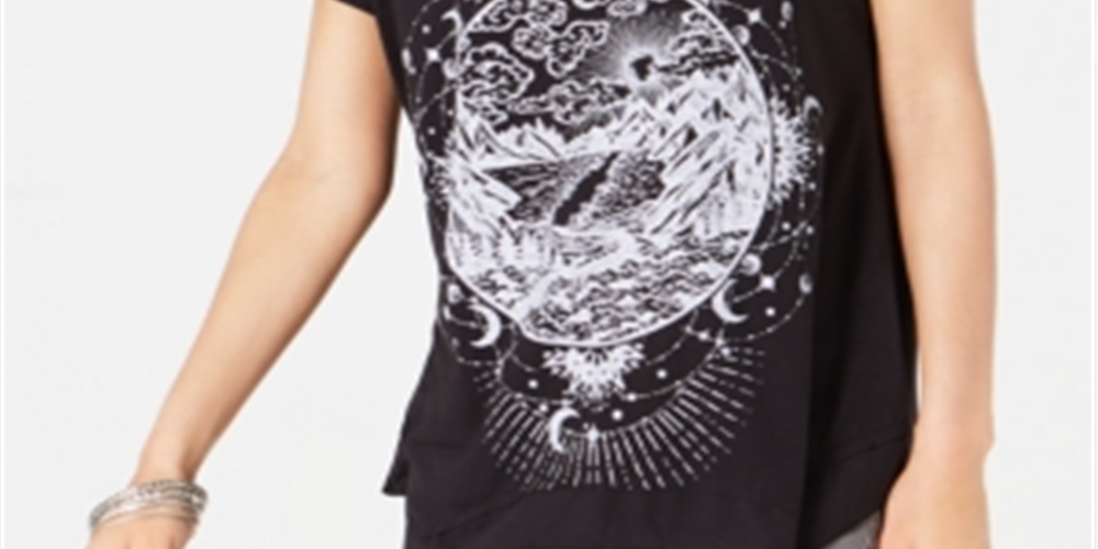 Style & Co Women's Graphic Print  Hem T-Shirt Black Size X-Large