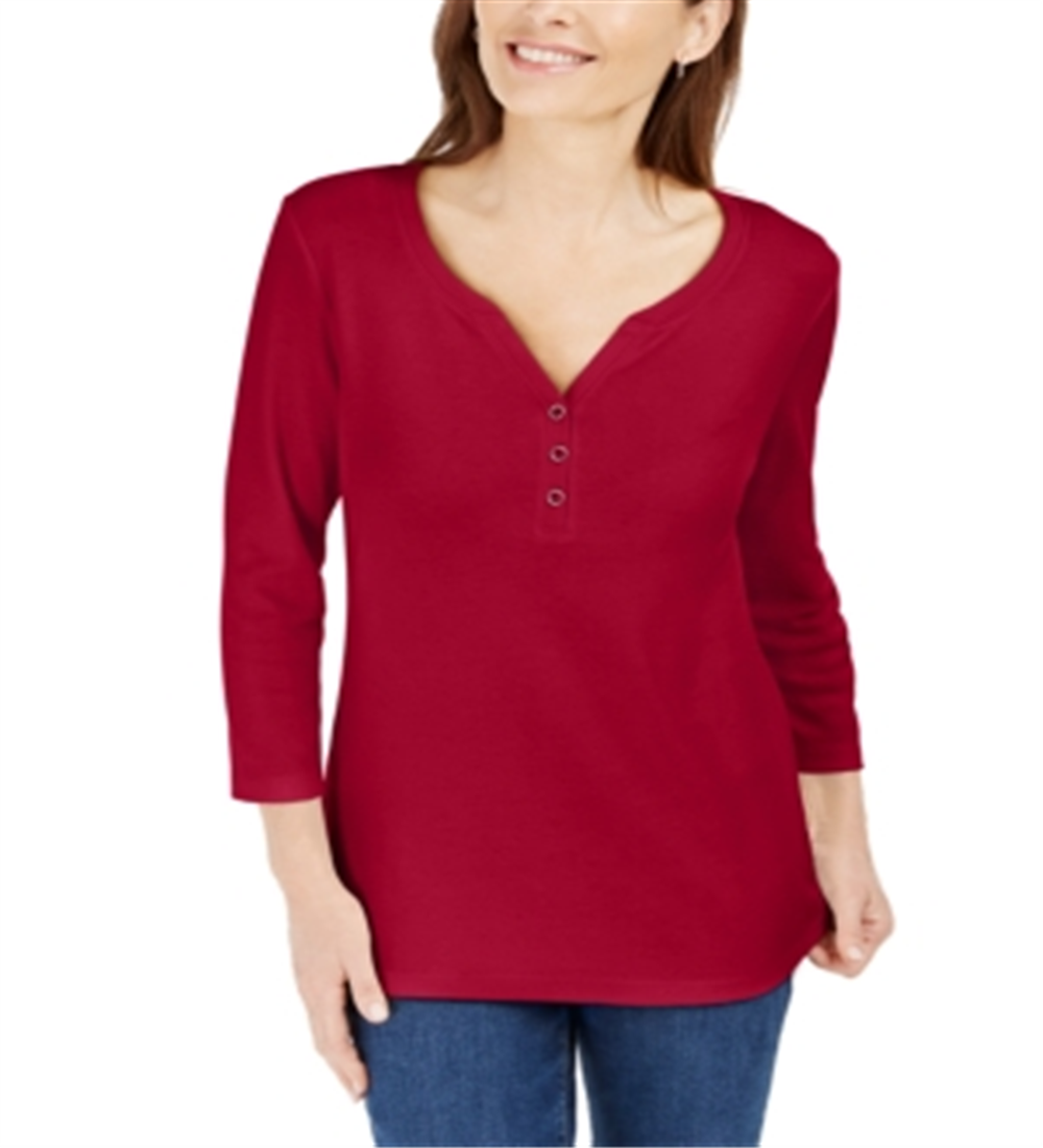 Karen Scott Women's 3/4 Sleeve Henley Shirt Red Size Medium