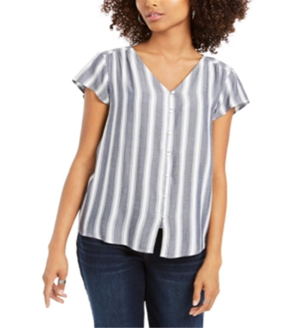 Style & Co Women's Striped Button Down Top Gray Size M