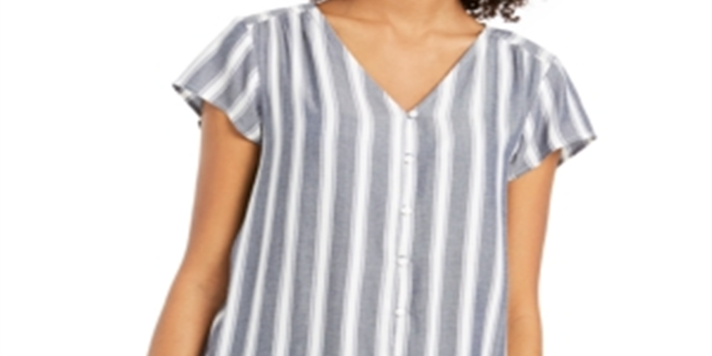 Style & Co Women's Striped Button Down Top Gray Size M