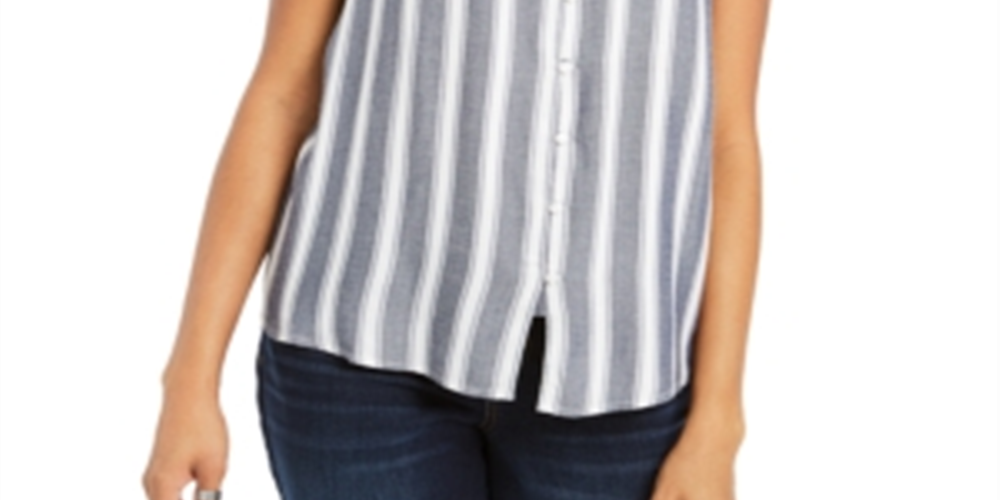 Style & Co Women's Striped Button Down Top Gray Size M