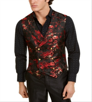 Tallia Men's Slim Fit Floral Double Breasted Vest Black Size 40Short
