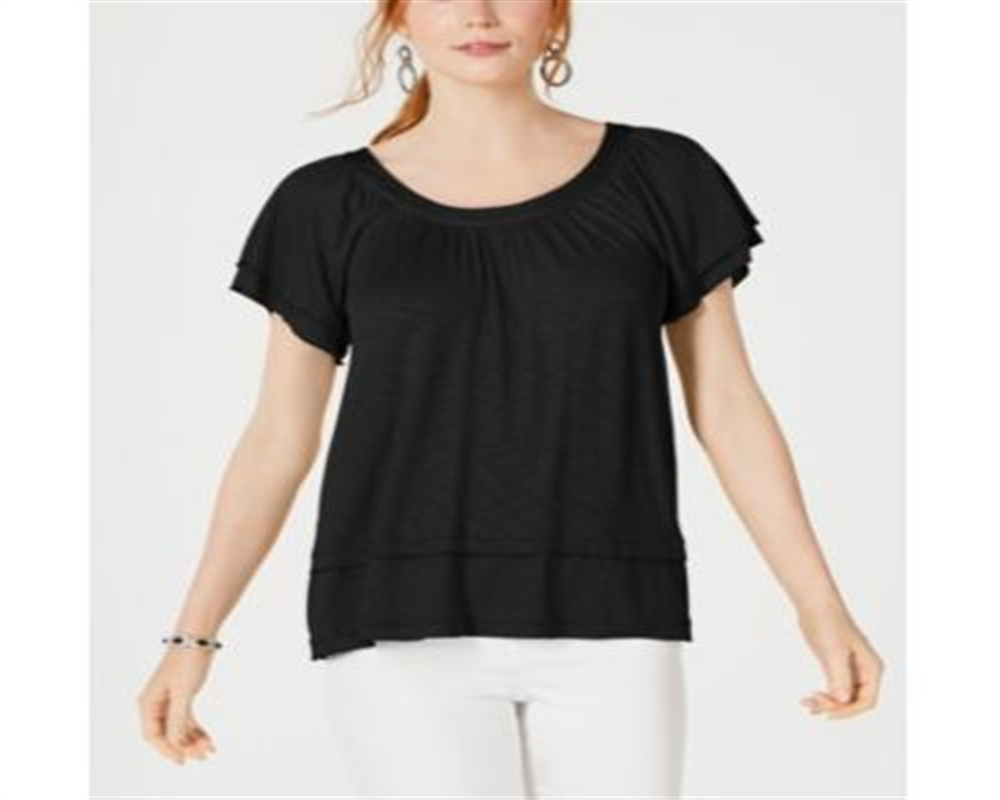 Style & Co Women's Tiered Flutter Sleeve Top Black Size Medium