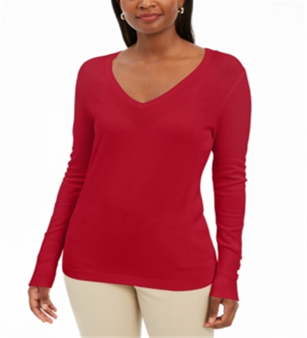 JM Collection Women's Long Sleeve V Neck Sweater Red Size X-Large