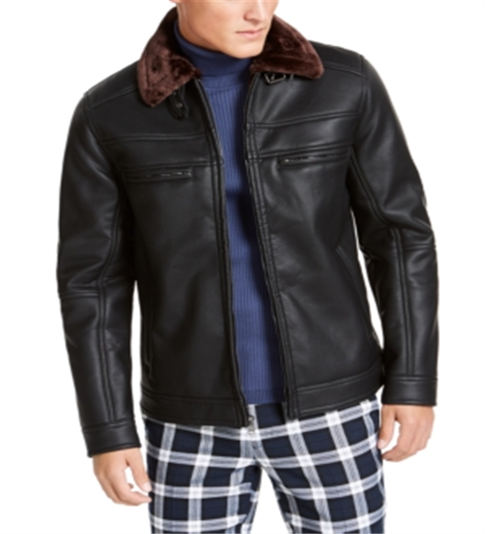 INC International Concepts Men's Faux Fur Lined Zip up Faux Leather Jacket Black Size XX-Large
