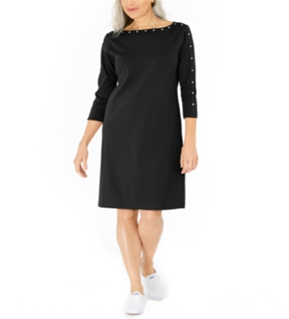 Karen Scott Women's Cotton Studded Swing Dress Black Size Small