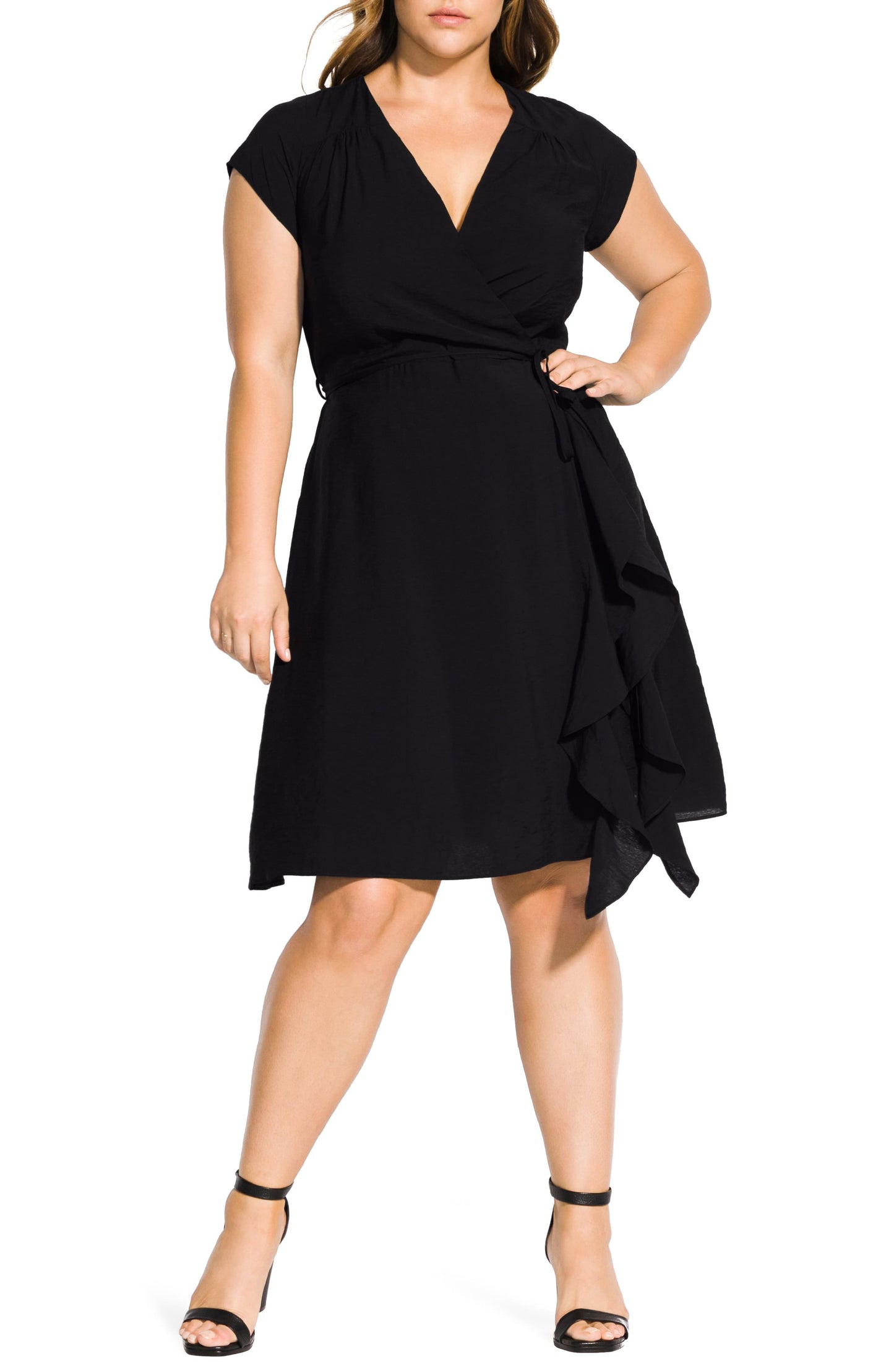 City Chic Women's Ruffled Satin Faux Wrap Dress Black Size X-Small
