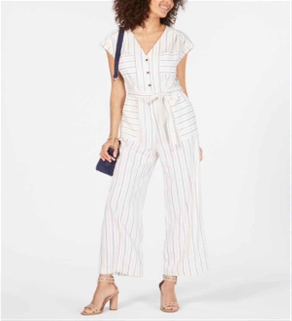 Monteau Women's Striped Belted Jumpsuit White Size Petite Large