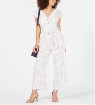 Monteau Women's Striped Belted Jumpsuit White Size Petite Large