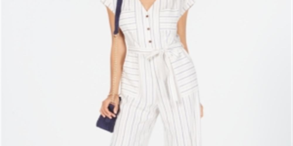 Monteau Women's Striped Belted Jumpsuit White Size Petite Large